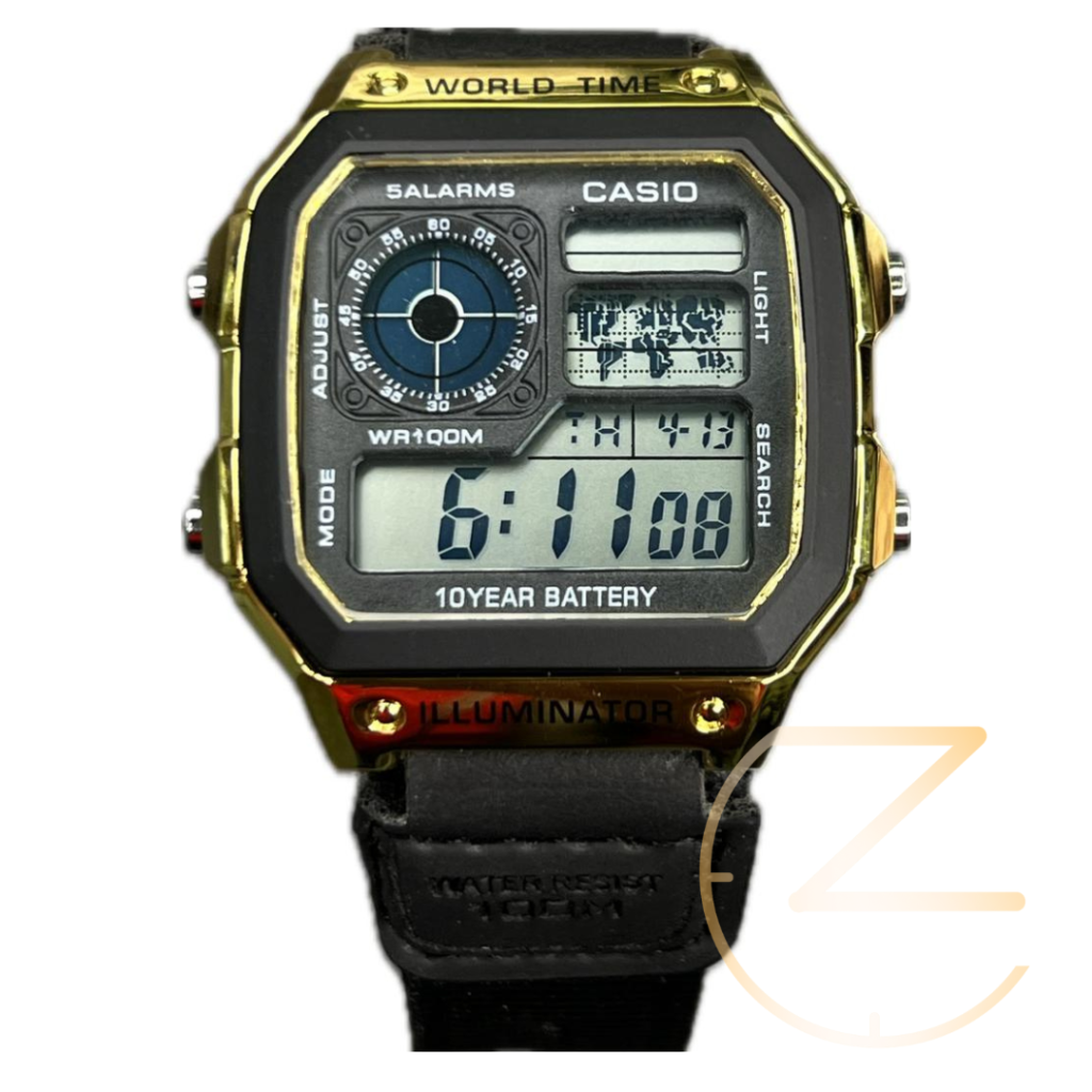 ساعت مچی کاسیو جهان نما برزنتی طلایی مشکی بند مشکی Casio world time