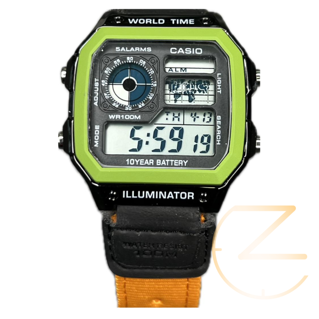 ساعت مچی کاسیو جهان نما برزنتی سبز مشکی بند عسلی Casio world time