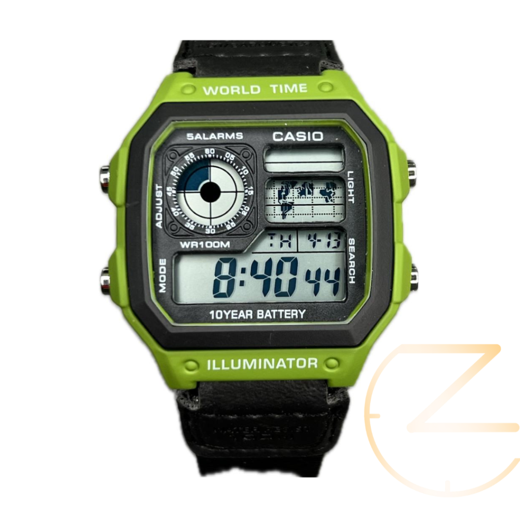 ساعت مچی کاسیو جهان نما برزنتی سبز مشکی بند مشکی Casio world time