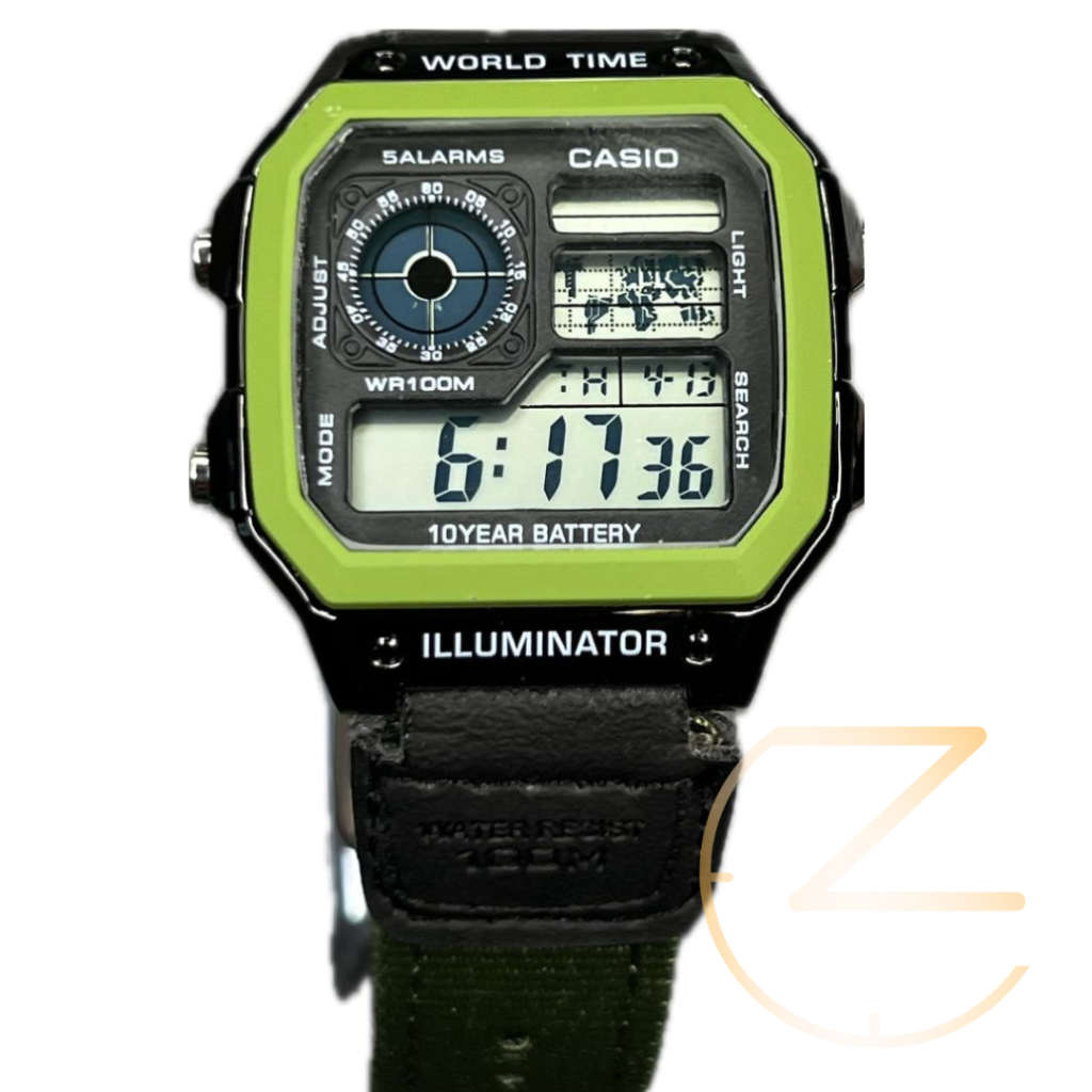 ساعت مچی کاسیو جهان نما برزنتی مشکی سبز بند سبز Casio world time